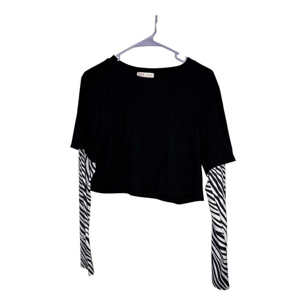 ROMWE Women’s Black with Zebra Stripes Long Sleeves Cropped Top Size L
